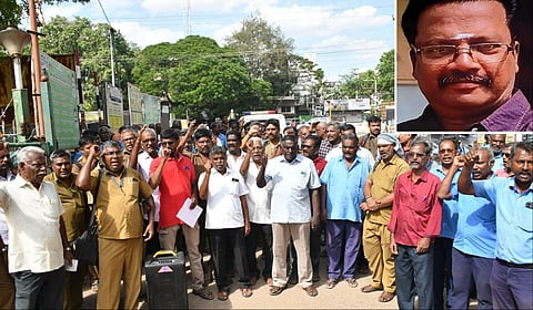 மதுரை தலைமை போக்குவரத்து அலுவலகம் முன்பாக சிஐடியு தலைமையில் ஆர்ப்பாட்டம் நடைபெற்றது. | படம்: கிருஷ்ணமூர்த்தி  (உள்படம்: சஸ்பெண்ட் செய்யப்பட்ட மாரிமுத்து)