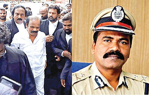 உயர் நீதிமன்றத்தில் ஆஜராக வழக்கறிஞர்கள் புடைசூழ வந்த பூவை ஜெகன்மூர்த்தி.படம்: ம.பிரபு | அடுத்த படம்:  ஏடிஜிபி எச்.எம்.ஜெயராம்