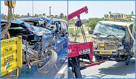 தஞ்சாவூர் அருகே குருங்களூர் பகுதியில் விபத்துள்ளான கார் மற்றும் சரக்கு வேன். | படங்கள்: ஆர்.வெங்கடேஷ் |