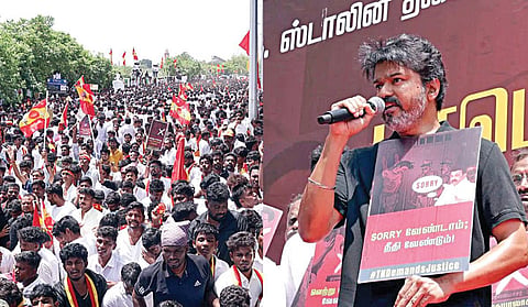 மடப்புரம் கோயில் காவலாளி அஜித்குமார் மரணத்தை கண்டித்து, தவெக தலைவர் விஜய் தலைமையில் சென்னை சேப்பாக்கம் சிவானந்தா சாலையில் நேற்று ஆர்ப்பாட்டம் நடைபெற்றது. இதில் ஏராளமானோர் கலந்துகொண்டனர்.