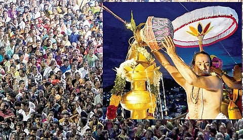 திருப்பரங்குன்றம் சுப்பிரமணிய சுவாமி கோயில்  கும்பாபிஷேகத்தைக் காண கிரிவீதியில் அதிகாலையில் திரண்டிருந்த பக்தர்கள். (உள்படம்) நேற்று  அதிகாலை 5.30 மணியளவில் ராஜகோபுர தங்க கலசங்களில் புனித நீர் ஊற்றிய சிவாச்சாரியார்கள். படங்கள்: எஸ்.கிருஷ்ணமூர்த்தி