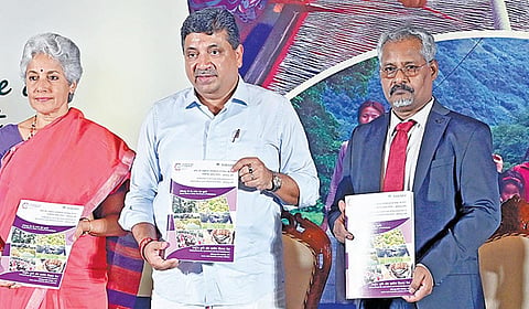 நபார்டு வங்கியின் 44-வது நிறுவன நாள் விழா சென்னை எழும்பூரில் நேற்று நடைபெற்றது. இதில் நபார்டு வங்கியின்
2025-26-ம் நிதியாண்டுக்கான அலகு செலவு கையேட்டை தமிழ்நாடு தகவல் தொழில்நுட்பத் துறை அமைச்சர் பழனிவேல் தியாகராஜன் வெளியிட்டார். உடன், எம்.எஸ்.சுவாமிநாதன் ஆராய்ச்சி நிறுவனத்தின் தலைவர் சவுமியா சுவாமிநாதன், நபார்டு வங்கியின் தலைமை பொதுமேலாளர் ஆர்.ஆனந்த், பொதுமேலாளர் ஹரி கிருஷ்ணராஜ், ரிசர்வ் வங்கியின் மண்டல பொது மேலாளர் வி.சீனிவாசன். | படம்: எஸ்.சத்தியசீலன் |