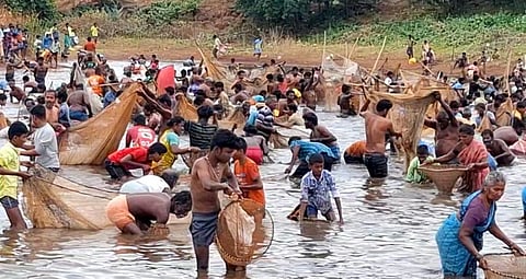 கருத்தலக்கம்பட்டி கிராமத்தில் நடந்த மீன்பிடித் திருவிழாவில் ஆர்வமுடன் மீன்களை பிடித்த மக்கள்.