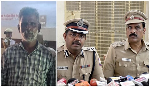 இடது: தற்கொலை செய்துகொண்ட தொழிலாளி | வலது: காவல் ஆணையர் ஆ.சரவண சுந்தர், துணை ஆணையர் கார்த்திகேயன் | படங்கள்: ஜெ.மனோகரன் 