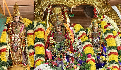 மீனாட்சி அம்மன் (இடதுபுற படம்) - மதுரை புட்டுத்தோப்பு மண்டபத்தில் இன்று மீனாட்சி அம்மன் கோயில் ஆவணி மூலத் திருவிழாவின் 9-ம் நாள் பிட்டுக்கு மண் சுமந்த திருவிளையாடல் அலங்காரத்தில் அருள்பாலித்த பிரியாவிடை சுந்தரேசுவரர் (வலதுபுற  படம்) - படங்கள்: எஸ்.கிருஷ்ணமூர்த்தி.