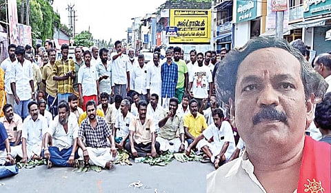 பேரூராட்சித் தலைவர் மீதான கொலை முயற்சியைக் கண்டித்து நேற்று ஆடுதுறையில் சாலை மறியலில் ஈடுபட்டோர். (உள்படம்)  ம.க.ஸ்டாலின்.