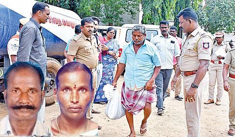 கள்ளக்குறிச்சி மாவட்டம் மலைக்கொட்டாலம் கிராமத்தில் மனைவி லட்சுமி, அவரின் ஆண் நண்பர் தங்கராசு தலைகளை வெட்டி சாக்குப் பையில் வேலூர் மத்திய சிறை வளாகத்துக்கு கொண்டுவந்த கொளஞ்சியிடம் விசாரணை நடத்திய போலீஸார். உள்படம்: தங்கராசு, லட்சுமி | படம்: வி.எம்.மணிநாதன் |