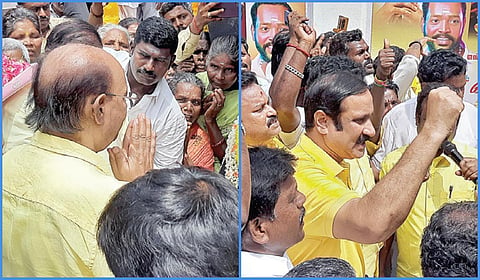 விழுப்புரத்தை அடுத்த கோலியனூரில் உள்ள தியாகிகள் நினைவு தூணில் அஞ்சலி செலுத்திய பாமக நிறுவனர் ராமதாஸ். (அடுத்த படம்) அஞ்சலி செலுத்திய பாமக தலைவர் அன்புமணி.படங்கள்:  | இரா.தினேஷ்குமார் |