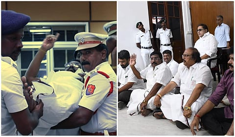 புதுச்சேரி சட்டப்பேரவை தலைவர் இருக்கை முன்பு தர்ணா: திமுக, காங். எம்எல்ஏகள் வெளியேற்றம்
