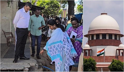 கரூரில் எஸ்ஐடி குழுவினர் மேற்கொள்ளும் விசாரணை (இடது); உச்ச நீதிமன்றம் (வலது)