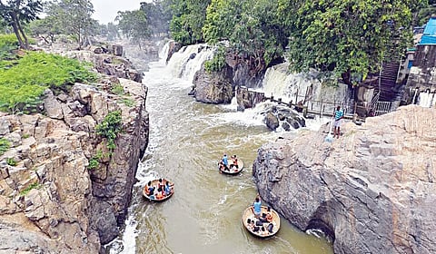தருமபுரி மாவட்டம் ஒகேனக்கல் காவிரி​ ஆற்றில் நீர்வரத்து குறைந்த நிலை​யில் நேற்று பரிசல் இயக்க அனுமதி அளிக்கப்பட்டது. 
இதையடுத்து, சுற்​றுலாப் பயணி​கள்​ பரிசல்​களில்​ பயணித்​து மகிழ்ந்​தனர்​.