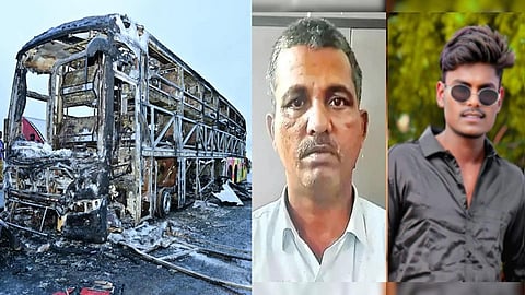 தீயில் எரிந்த பேருந்து, ஓட்​டுநர் மிரி​யாலா லட்​சுமய்யா, பைக் ஓட்டிய இளைஞர்.