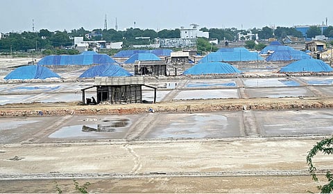 தூத்துக்குடி பகுதியில் மழையில் இருந்து உப்பை பாதுகாக்கும் வகையில்,  உப்பு குவியல்களை பிளாஸ்டிக் ஷீட் போட்டு மூடி வைத்துள்ள உப்பள உரிமையாளர்கள். | படம்: என்.ராஜேஷ் |