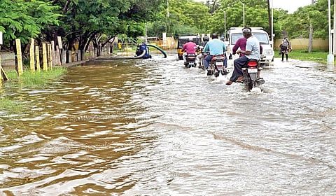 தூத்துக்குடி மாவட்ட ஆட்சியர் அலுவலக சாலையில் குளம்போல தேங்கி நிற்கும் மழைநீரில் சிரமப்பட்டு செல்லும் ஊழியர்கள்.