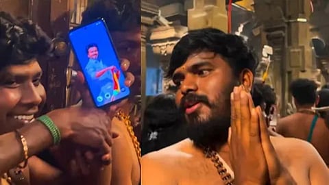 விஜய் படத்தை காண்பித்து பக்தர்களிடம் ஆதரவு கேட்டு வீடியோ எடுத்த தவெகவினர்.