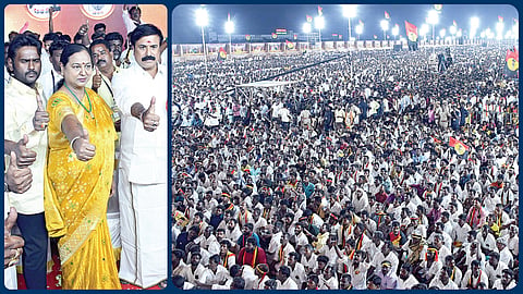 கடலூர் மாவட்டம் வேப்பூர் அருகே நேற்று இரவு நடைபெற்ற தேமுதிக மாநாட்டில் பங்கேற்ற பொதுச் செயலாளர் பிரேமலதா, பொருளாளர் சுதீஷ், இளைஞரணிச் செயலாளர் விஜய பிரபாகரன். (அடுத்த படம்) கூட்டத்தில் பங்கேற்றோரில் ஒரு பகுதியினர். | படங்கள்: எம்.சாம்ராஜ் |