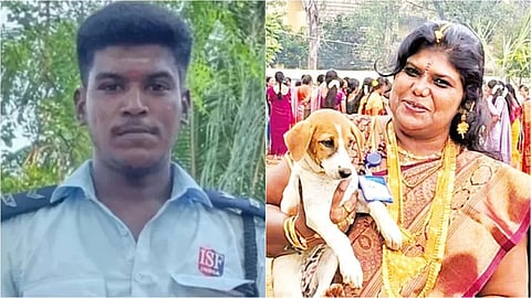 அஜித்குமார் (இடது); நகை திருடப்பட்டதாக புகார் கொடுத்த நிகிதா (வலது)