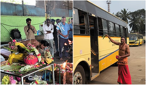 விபத்துக்களை  தடுக்க  
திருவாரூர் அரசு போக்குவரத்து கழக பணிமனைகளில் யாகம் செய்த அதிகாரிகள்!
