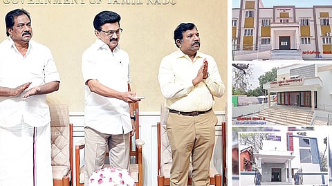 பதிவுத்துறை சார்பில் ரூ.15 கோடி செலவில் கட்டப்பட்டுள்ள சார்பதிவாளர் அலுவலகங்களை முதல்வர் மு.க.ஸ்டாலின் காணொலி மூலம் திறந்து வைத்தார். உடன் அமைச்சர் பி.மூர்த்தி, தலைமைச் செயலாளர் நா.முருகானந்தம், துறை செயலாளர் ஷில்பா பிரபாகர் சதீஷ், துறை தலைவர் தினேஷ் பொன்ராஜ் ஆலிவர்.