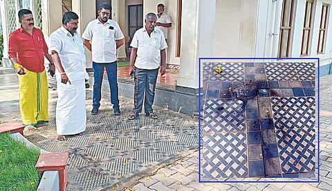 காரைக்குடி சுப்பிரமணியபுரம் முதல் வீதியில் உள்ள கார்த்தி சிதம்பரம் எம்.பி. அலுவலகத்தில் பெட்ரோல் குண்டு வீசிய இடத்தை பார்வையிட்ட மாங்குடி எம்எல்ஏ உள்ளிட்டோர். (உள்படம்) பெட்ரோல் குண்டு வீசிய இடம்.