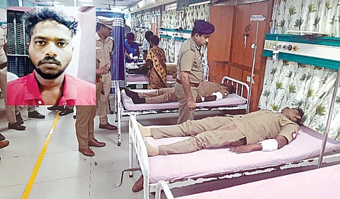 ரவுடி கணேஷ் தாக்கியதில் காயமடைந்து, ஸ்டான்லி அரசு மருத்துவமனையில் சிகிச்சை பெறும் எஸ்.ஐ. சுப்பிரமணி, தலைமைக் காவலர் தினேஷ்குமாரிடம் நலம் விசாரிக்கும் கூடுதல் ஆணையர் பிரவேஷ் குமார். உள்படம்:&nbsp;சுட்டுக் கொல்லப்பட்ட ரவுடி கணேஷ்.