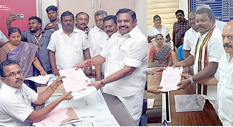 எடப்பாடி தொகுதியில் போட்டியிடும் அதிமுக பொதுச் செயலாளர் பழனிசாமி நேற்று வேட்புமனு தாக்கல் செய்தார். படம்: எஸ்.குருபிரசாத் | அடுத்த படம்:&nbsp;ஸ்ரீபெரும்புதூரில் காங்கிரஸ் சார்பில் போட்டியிடும் கட்சியின் மாநிலத் தலைவர் செல்வப்பெருந்தகை வேட்புமனு தாக்கல் செய்தார். உடன் அமைச்சர் தா.மோ.அன்பரசன்.