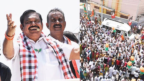 கோவை காந்திபுரம் சித்தாபுதூர் வி.கே.கே மேனன் சாலையில் நடந்த பிரச்சார கூட்டத்தில் அதிமுக பொதுச் செயலாளர் பழனிசாமி நேற்று பேசினார். அருகில் முன்னாள் அமைச்சர் எஸ்.பி.வேலுமணி. (அடுத்த படம்) பழனிசாமி பேச்சைக் கேட்கத் திரண்ட கூட்டம்.  படங்கள்: ஜெ.மனோகரன்