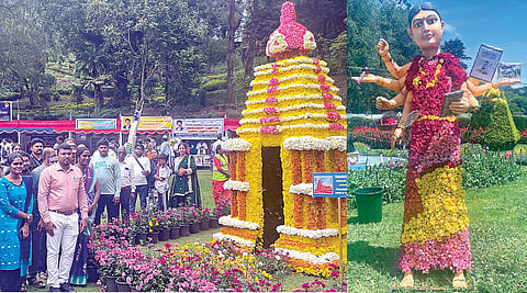 கொடைக்கானல் பிரையன்ட் பூங்காவில் 63-வது மலர்க் கண்காட்சியை தொடங்கி வைத்து பார்வையிட்ட திண்டுக்கல் மாவட்ட ஆட்சியர் சரவணன் உள்ளிட்டோர்.  (அடுத்த படம்) பன்முக திறனை வெளிப்படுத்தும் மலர் மங்கை.