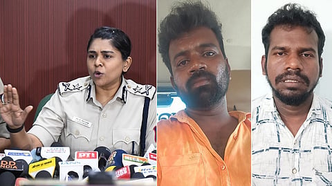 இடது: கோவை மேற்கு மண்டல ஐ.ஜி. ரம்யா பாரதி | வலது: கைதான கார்த்தி, மோகன்