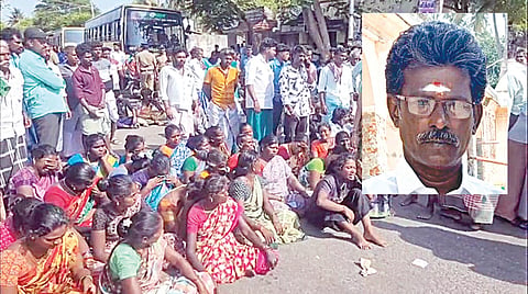 கொலையாளிகளை கைது செய்யக்கோரி, மறியலில் ஈடுபட்ட மக்கள். (உள்படம்) கொலை செய்யப்பட்ட திருமுகம்.
