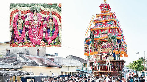பழநியில் வைகாசி விசாகத் தேரோட்டம் நேற்று நடந்தது. (உள்படம்) தேரில் எழுந்​தருளிய வள்​ளி, தெய்​வானை சமேத முத்​துக்​கு​மார சுவாமி. படங்கள்: நா.தங்​கரத்​தினம்