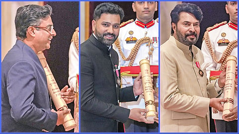 டெல்லியில் நேற்று நடைபெற்ற விழாவில் 65 பேருக்கு பத்ம விருதுகள் வழங்கப்பட்டன. நடிகர் மம்முட்டிக்கு (வலது ஓரம்) பத்ம பூஷண் விருதினை குடியரசுத் தலைவர் திரவுபதி முர்மு வழங்கினார். நடிகர் மாதவன், கிரிக்கெட் வீரர் ரோகித் சர்மா, ஆகியோர் பத்ம விருதினை பெற்றுக் கொண்டனர். படங்கள் பிடிஐ