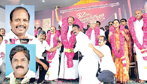 சென்னையில் நேற்று நடைபெற்ற மதிமுக பொதுக்குழுக் கூட்டத்தில் பொதுச் செயலாளர் வைகோ உள்ளிட்ட நிர்வாகிகள். உள்படம்:&nbsp;செந்​தில் செல்​வன்,&nbsp;ராஜேந்​திரன்