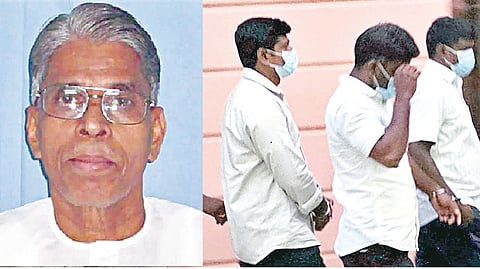 தூத்துக்குடி நீதிமன்றத்தில் ஆயுள் தண்டனை விதிக்கப்பட்ட மூவர். (உள்படம்) கொலையான மதபோதகர் கனகராஜ்.