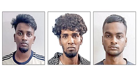 தங்கக்கட்டி கொள்ளை வழக்கில் கைது செய்யப்பட்ட லோகேஷ், ஆறுமுகம், ஹேராம்.