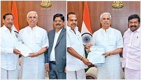 தவெக அரசு குதிரை பேரத்தில் ஈடுபடுவதாக ஆளுநர் அர்லேகரிடம் நேற்று மனு அளித்த திமுக அமைப்புச் செயலாளர் ஆர்.எஸ்.பாரதி, வில்சன் எம்.பி., ஆஸ்டின் எம்எல்ஏ, முன்னாள் எம்எல்ஏ பரந்தாமன். (அடுத்த படம்) ஆளுநரிடம் மனு அளித்த அதிமுக முன்னாள் அமைச்சர் அக்ரி கிருஷ்ணமூர்த்தி, இன்பதுரை எம்.பி.