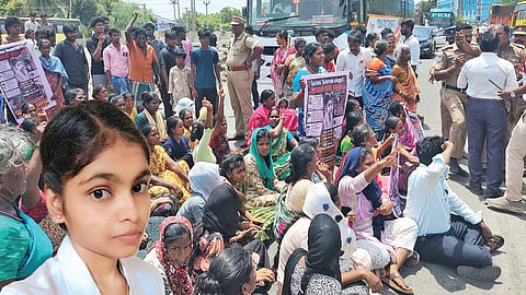 கோவையில் மர்மமான முறையில் உயிரிழந்த மாணவியின் இறப்பில் சந்தேகம் இருப்பதாக விக்கிரவாண்டி புறவழிச் சாலையில் மறியலில் ஈடுபட்ட உறவினர்கள். (உள்படம்)&nbsp;மாணவி தர்ணிகா