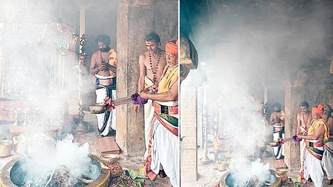 தஞ்சாவூர் பெரிய கோயில் திருச்சுற்றுமாளிகையில் உள்ள கல்வெட்டுகள் மீது படியும் வகையில் யாகத்தில் இருந்து வெளியேறும் புகை.