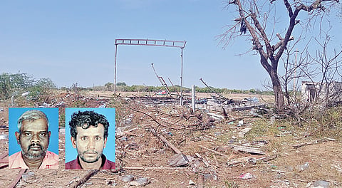 சிவகாசி அருகே ஏற்பட்ட வெடி விபத்தால் இருந்த இடமே தெரியாமல் தரைமட்டமான தகர ஷெட். (உள்படம்) உயிரிழந்த இன்னாசிமுத்து. ராம் பிரகாஷ்.