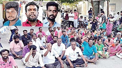 விருதுநகர் அரசு மருத்துவமனையில் போராட்டம் நடத்திய பட்டாசு வெடி விபத்தில் உயிரிழந்தோரின் உறவினர்கள். (உள்படங்கள்) உயிரிழந்த பாண்டித்துரை, ராமச்சந்திரன், அய்யப்பராஜ்.