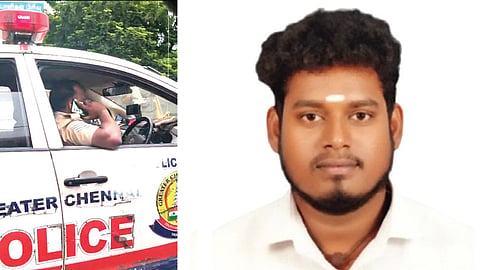 செல்போனில் பேசியபடியே ரோந்து வாகனத்தை ஓட்டிய தலைமைக் காவலர். (அடுத்த படம்) நவீன் குமார்