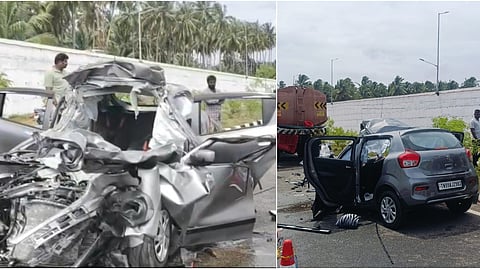 நல்லாம்பள்ளி அருகே ஏற்பட்ட விபத்தில் &nbsp;சுக்கு நூறாக நொறுங்கியது. காரில் பயணம் செய்து ஐந்து பேரும் உயிரிழந்தனர்