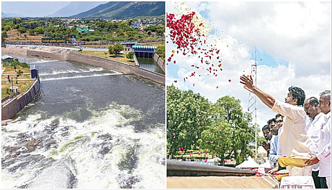மேட்டூர் அணையில் இருந்து காவிரி டெல்டா பாசனத்துக்கான தண்ணீரை முதல்வர் விஜய் நேற்று திறந்து வைத்து மலர் தூவினார். உடன் அமைச்சர்கள் ஆனந்த், பார்த்திபன் உள்ளிட்டோர். அணையில் இருந்து திறக்கப்பட்ட தண்ணீர் 8 கண் மதகுகள் வழியாக காவிரியில் பாய்ந்தோடுகிறது (முதல் படம்).படங்கள்: எஸ்.குரு பிரசாத்