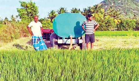 பர்கூர் அருகே மல்லப்பாடி ஊராட்சி குமரங்கனப்பள்ளி கிராமத்தில் தண்ணீர் விலை கொடுத்து வாங்கி, டிராக்டர் டேங்கர் மூலம் நெல் வயலுக்குப் பாய்ச்சும் விவசாயி.