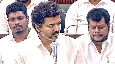 சட்டப்பேரவையில் 110 விதியின் கீழ் நேற்று பல்வேறு அறிவிப்புகளை வெளியிட்டு பேசிய முதல்வர் விஜய்.