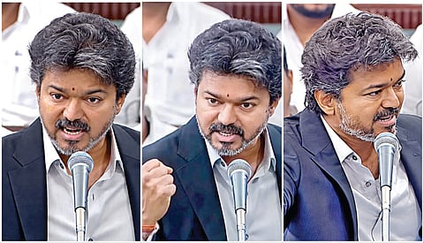 சட்டப்பேரவையில் நேற்று காவல் துறை மானியக் கோரிக்கை மீதான விவாதத்துக்கு பதில் அளித்தபோது, திமுகவுக்கு எதிராக மிகுந்த ஆவேசத்துடன் குற்றச்சாட்டுகளை முன்வைத்துப் பேசிய முதல்வர் விஜய்.