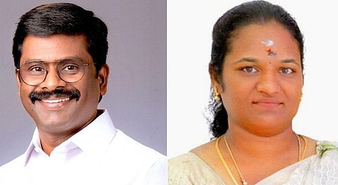இ.பரந்தாமன் (இடது), எஸ்.சுகன்யா (வலது) -திமுக வேட்பாளர்கள்