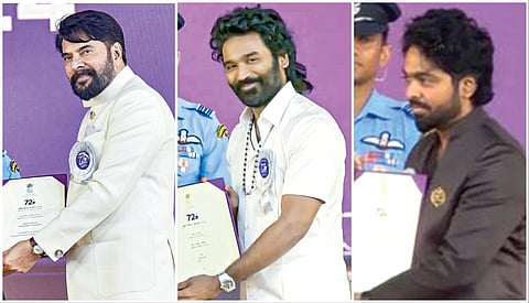 72-வது ஆண்டு தேசிய திரைப்பட விருதுகள் வழங்கும் விழா குஜராத் மாநிலம் ஏக்தா நகரில் நேற்று நடைபெற்றது. குடியரசுத் தலைவர் திரவுபதி முர்முவிடமிருந்து விருது பெறும்  மலையாள நடிகர் மம்மூட்டி, நடிகர் தனுஷ், இசையமைப்பாளர் ஜி.​வி. பிர​காஷ். படங்கள்: பிடிஐ