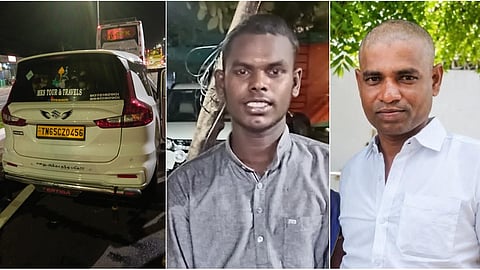 விபத்துக்குள்ளான கார் மற்றும் விபத்தில் உயிரிழந்த காளீஸ்வரன், கார்த்திக் (இடமிருந்து வலமாக)