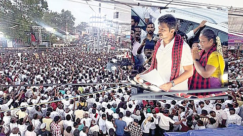 தாராபுரம் தொகுதிக்குட்பட்ட நத்தப்பாளையத்தில் நடந்த தேர்தல் பிரச்சாரக் கூட்டத்தில் திமுக வேட்பாளர் சுகன்யாவை ஆதரித்து பேசிய எதிர்க்கட்சித் தலைவர் உதயநிதி ஸ்டாலின்.